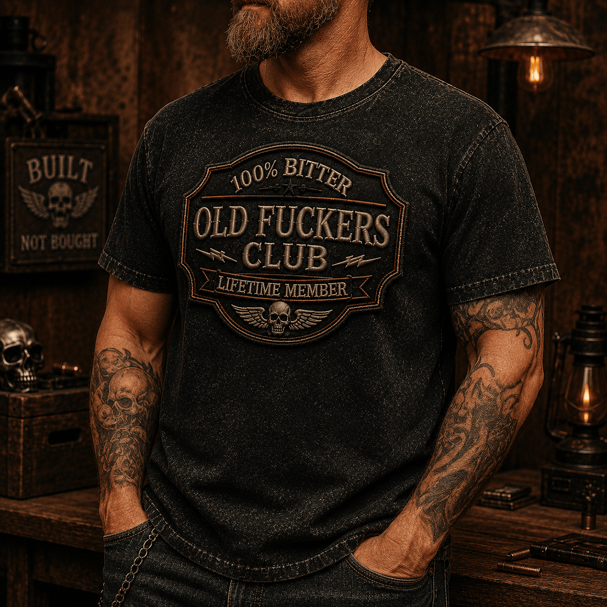 Old Fuckers Club Lifetime Member Printed T-Shirt Funny Grandpa Gift for Dad Father's Day Skull Graphic Biker Theme