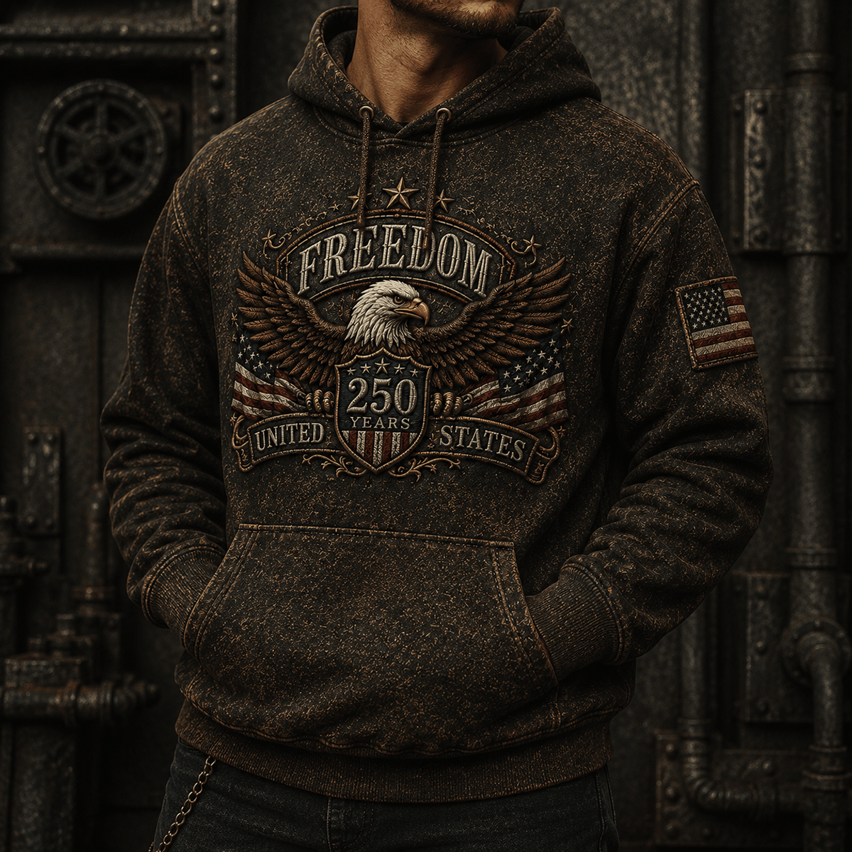 Freedom 250 Years United States Printed Hoodie Patriotic Eagle USA Flag 250th Anniversary Gift for Dad Father's Day Veteran