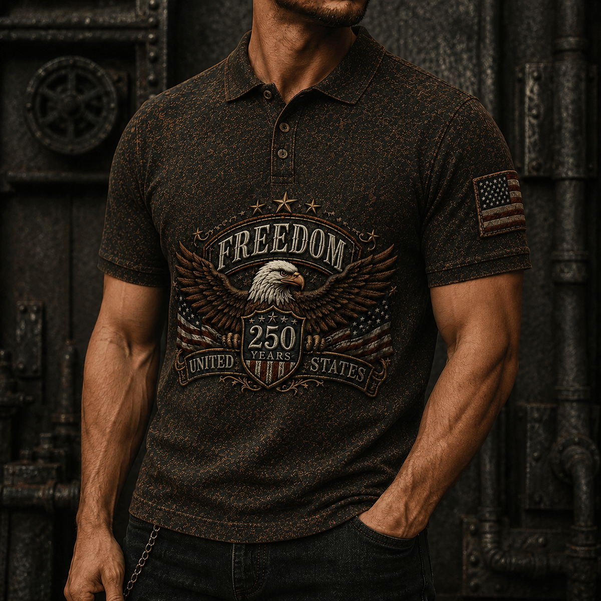 Freedom 250 Years United States Printed Polo Shirt Patriotic Eagle USA Flag 250th Anniversary Gift for Dad Father's Day Veteran