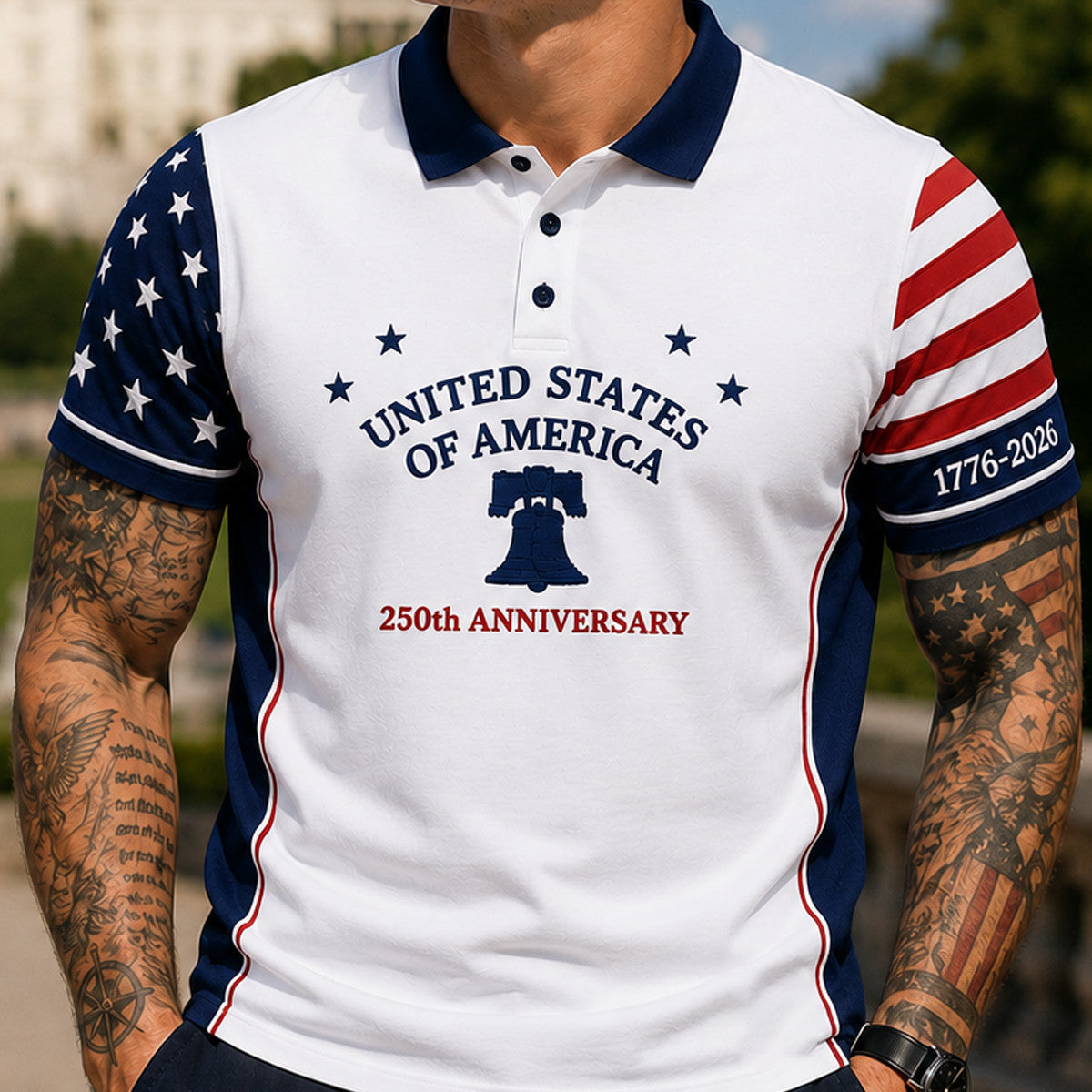United States of America 250th Anniversary 1776-2026 Printed Polo Shirt Patriotic USA Flag Independence Day Gift for Dad Veteran