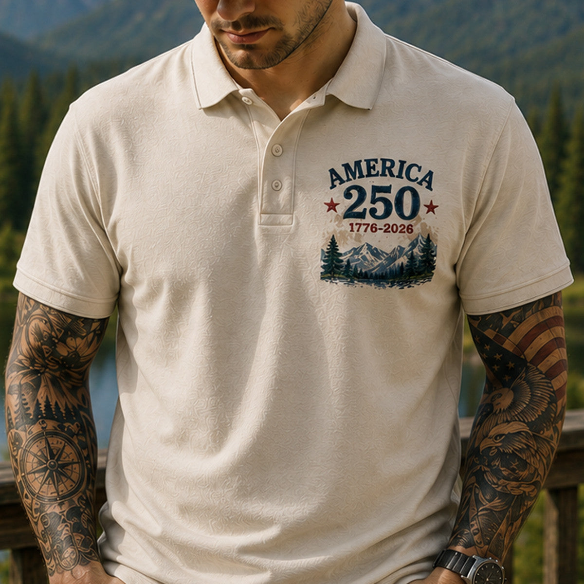 America 250 1776-2026 Printed Polo Shirt Patriotic USA 250th Anniversary Independence Day Gift for Dad Grandpa Veteran