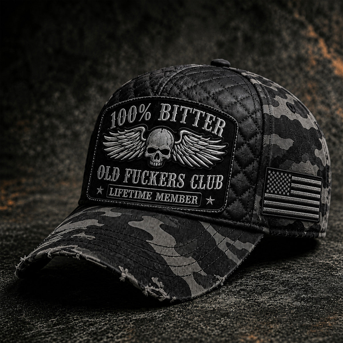 Bitter Old Fuckers Club Lifetime Member Printed Cap Skull Wings USA Flag Hat Funny Father's Day Gift for Dad Grandpa Veteran