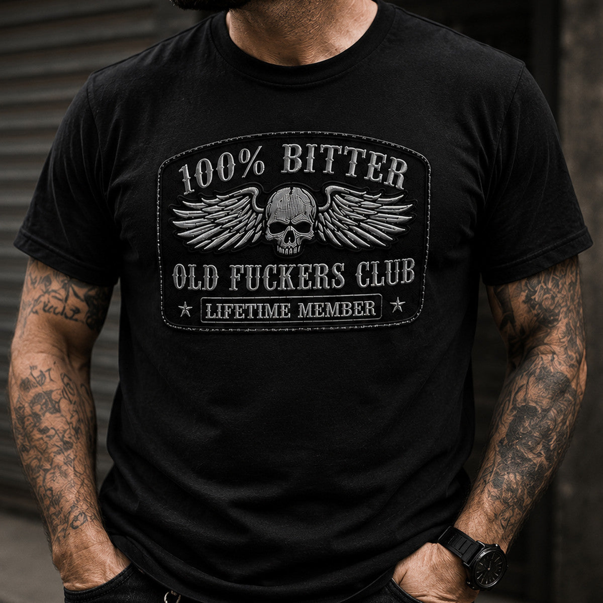 Bitter Old Fuckers Club Lifetime Member Printed T-Shirt Skull Wings Biker Father's Day Gift for Dad Grandpa Men
