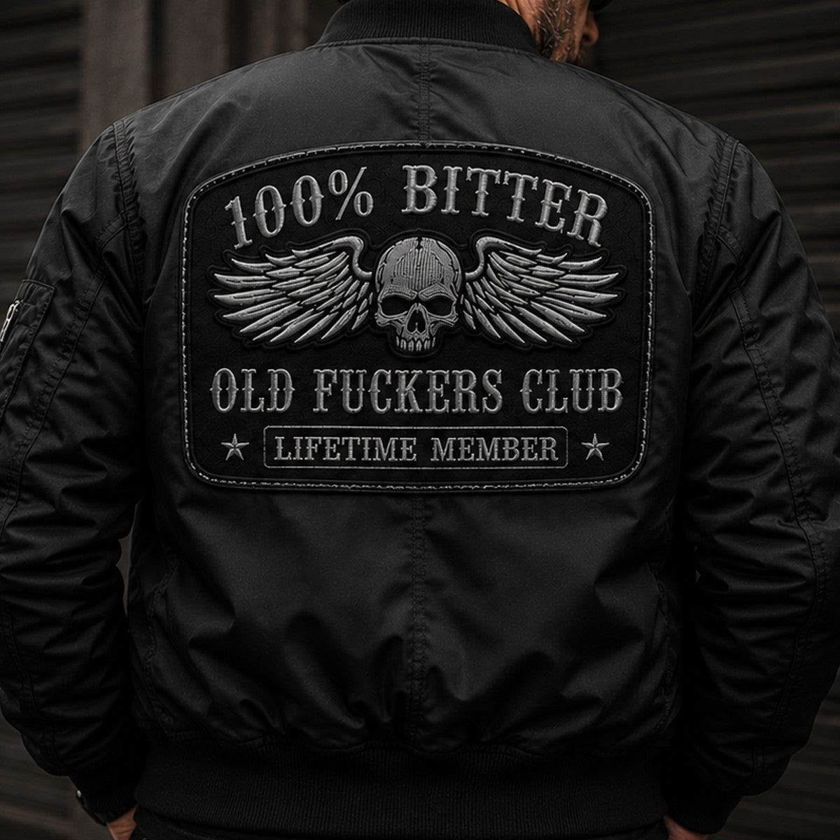 Bitter Old Fuckers Club Lifetime Member Printed Bomber Jacket Skull Wings Biker Father's Day Gift for Dad Grandpa