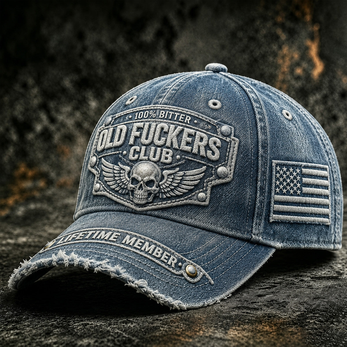 Bitter Old Fuckers Club Lifetime Member Printed Cap USA Flag Skull Wings Father's Day Gift for Dad Grandpa Veteran