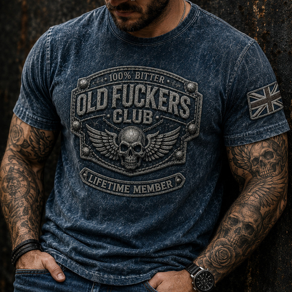 Bitter Old Fuckers Club Lifetime Member Printed T-Shirt Skull Wings Biker Father's Day Gift for Dad Grandpa Vintage Style