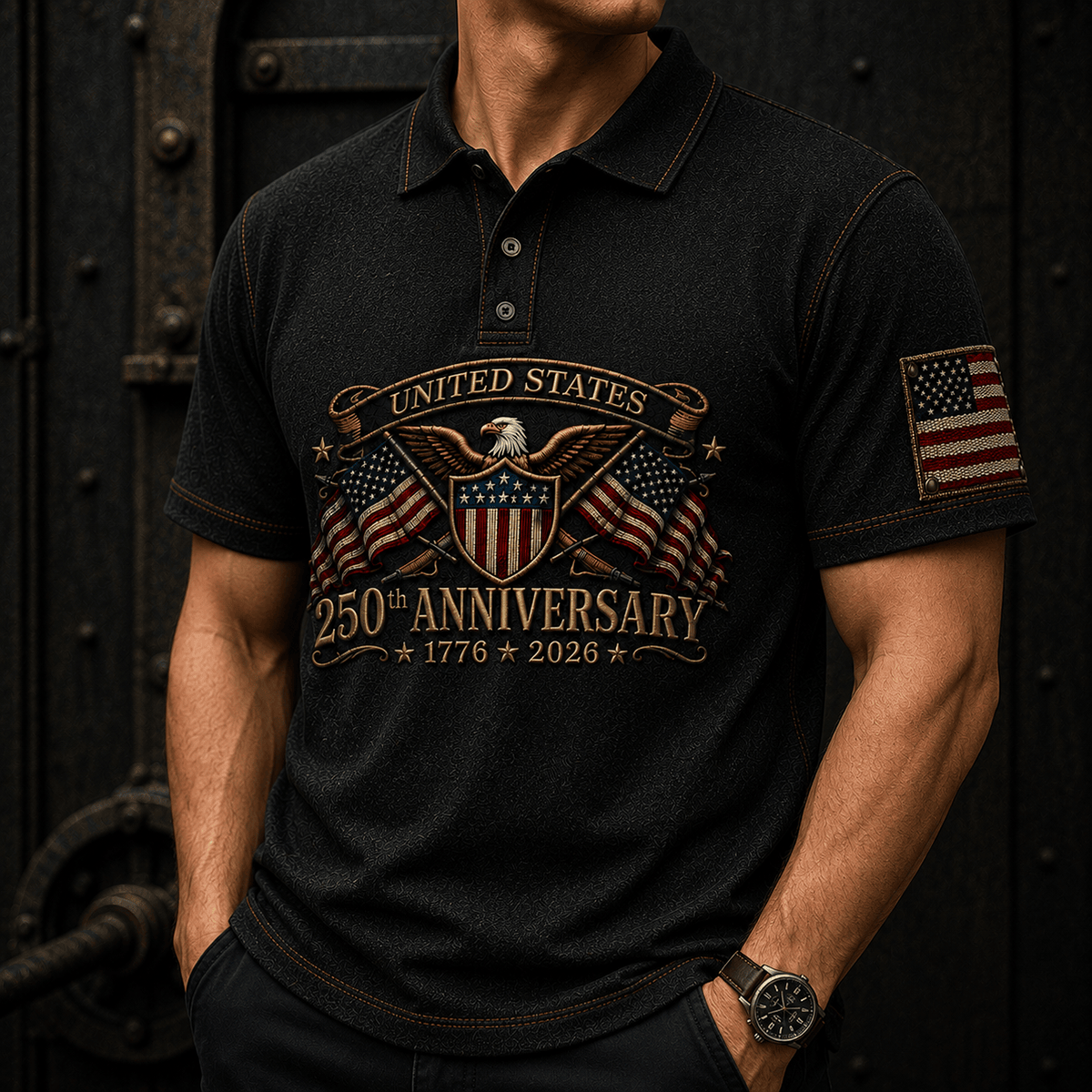 United States 250th Anniversary 1776–2026 Printed Polo Shirt Patriotic Eagle USA Flag Father's Day Gift for Dad Veteran Independence Day