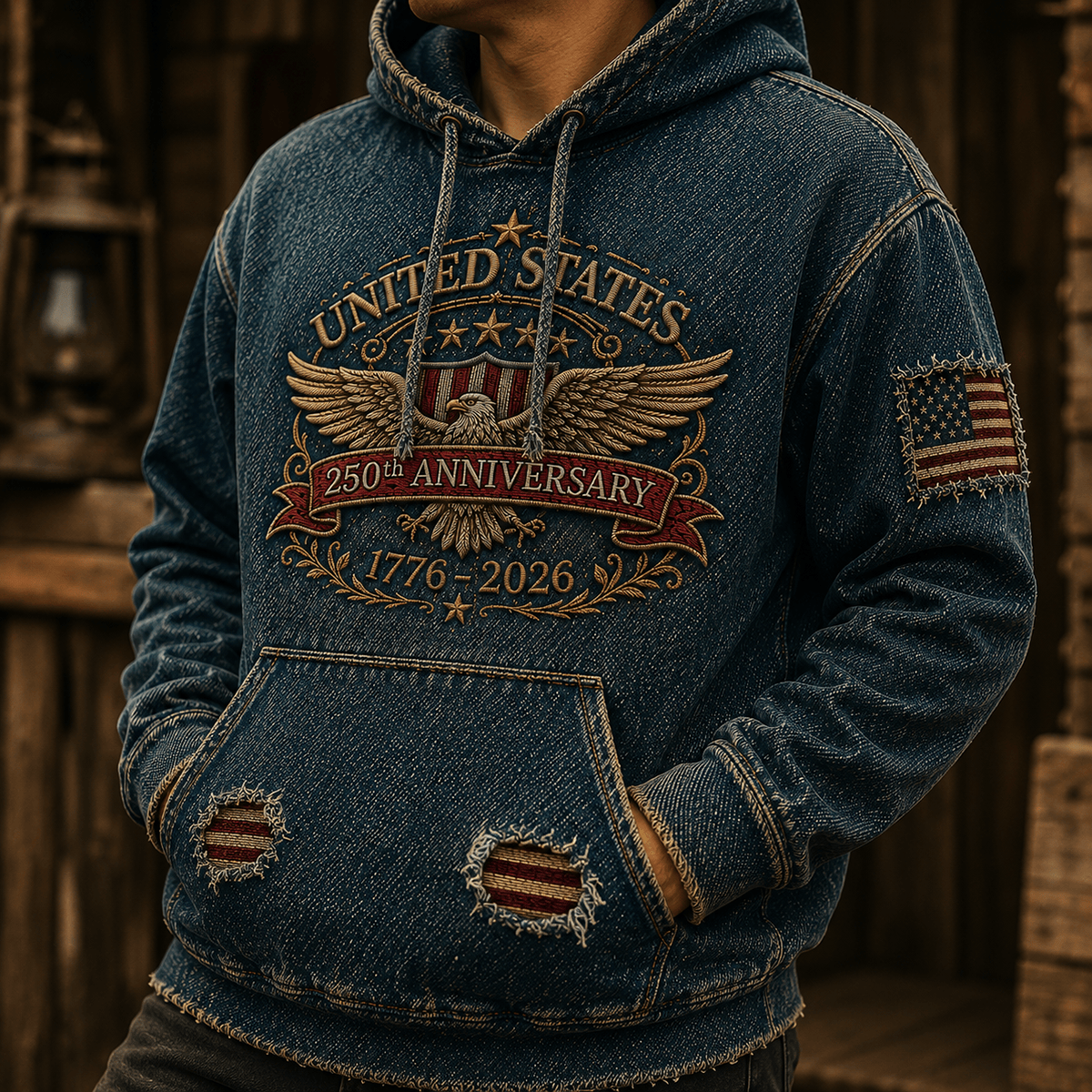 United States 250th Anniversary 1776-2026 Printed Hoodie Patriotic Eagle USA Flag Father's Day Gift for Dad Veteran Americana