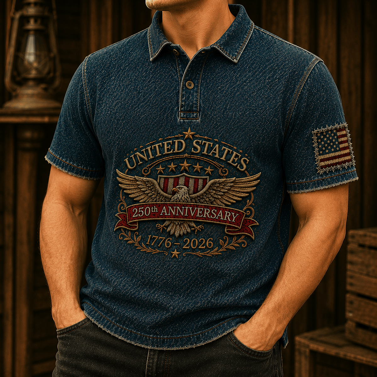 United States 250th Anniversary 1776-2026 Printed Polo Shirt Patriotic Eagle USA Flag Father's Day Gift for Dad Veteran Americana