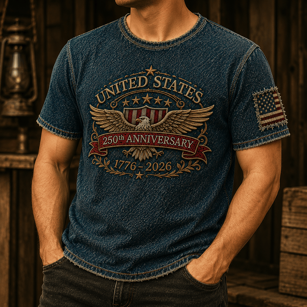 United States 250th Anniversary 1776-2026 Printed T-Shirt Patriotic Eagle USA Flag Father's Day Gift for Dad Veteran Americana