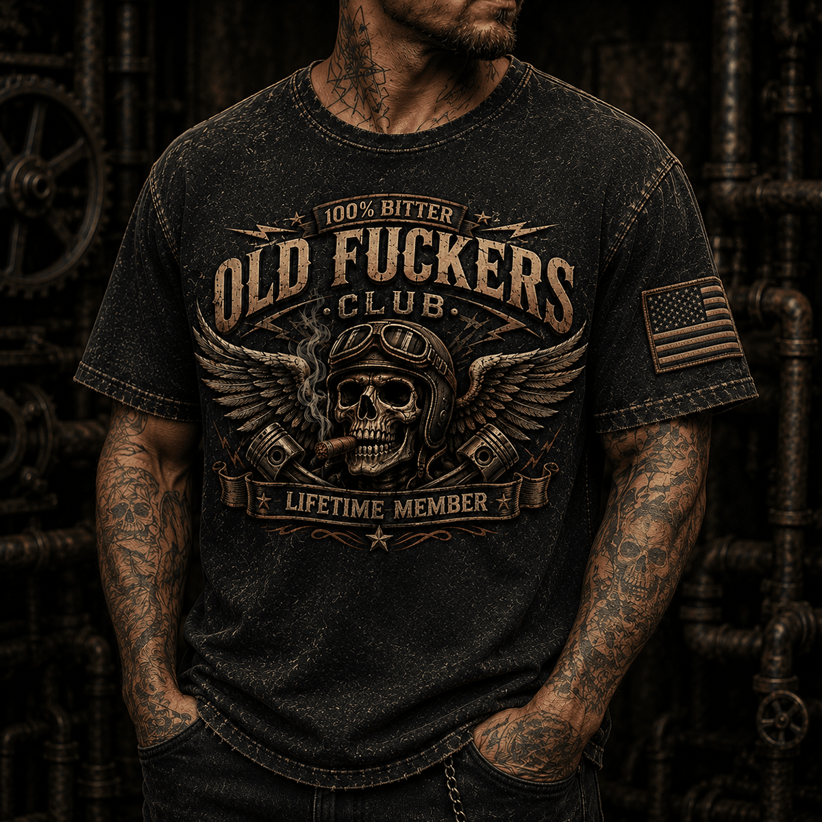 Bitter Old Fuckers Club Lifetime Member Printed T-Shirt Skull Biker Father's Day Gift for Dad Grandpa Motorcycle Rider Tee