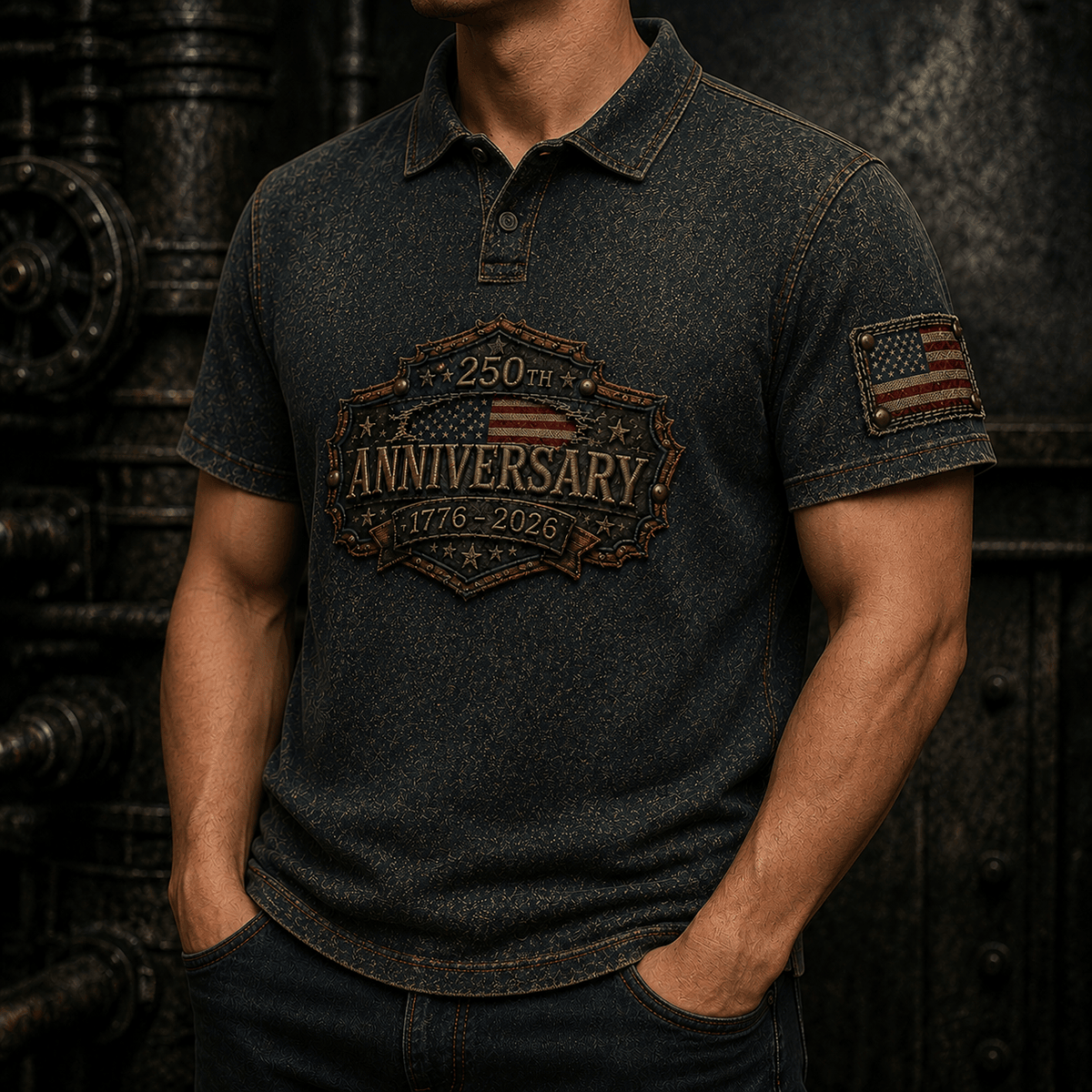 250th Anniversary 1776-2026 Printed Polo Shirt Patriotic USA Flag Independence Day Father's Day Gift for Dad Veteran America