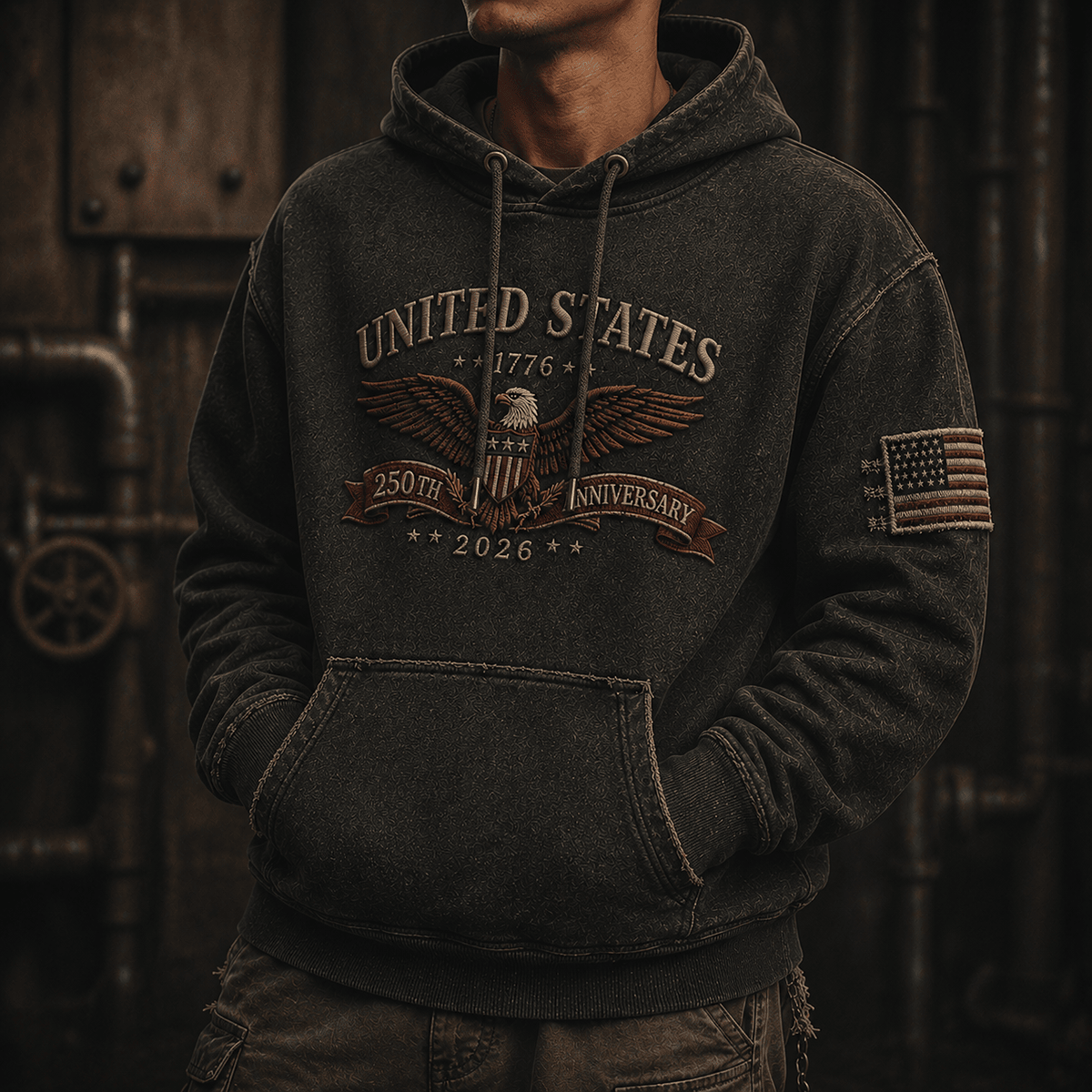 United States 1776 250th Anniversary 2026 Printed Hoodie Patriotic Eagle USA Flag Veteran Father's Day Gift for Dad Independence Day