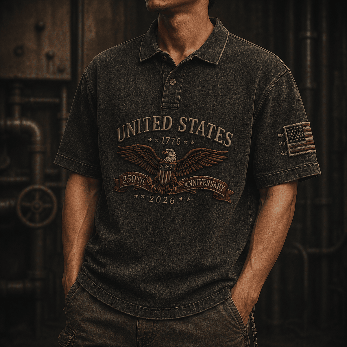 United States 1776 250th Anniversary 2026 Printed Polo Shirt Patriotic Eagle USA Flag Veteran Father's Day Gift for Dad Independence Day