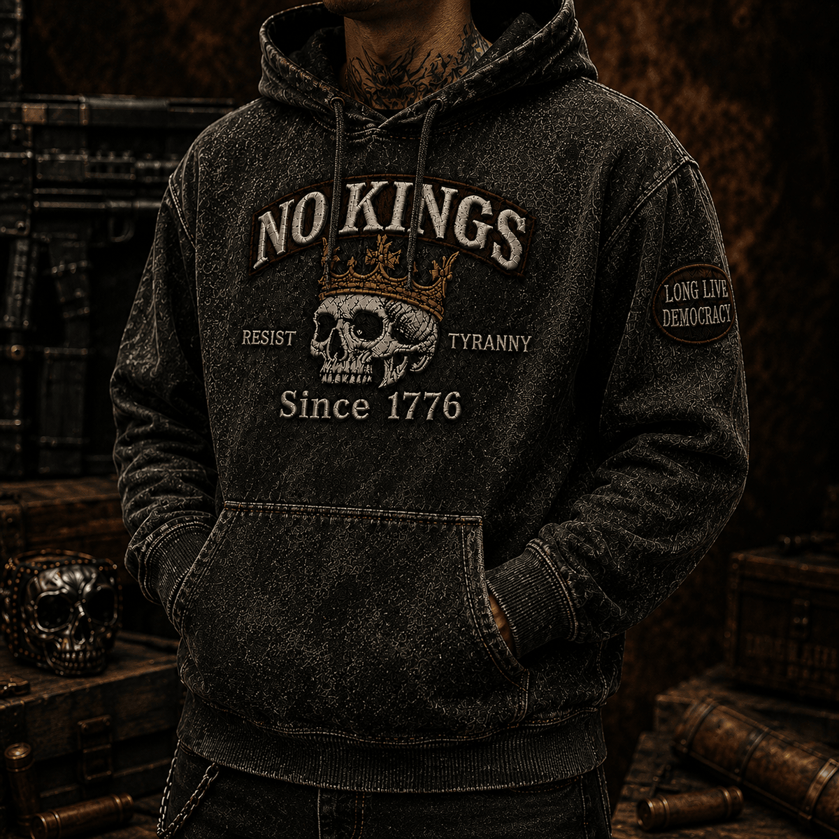 No Kings Resist Tyranny Since 1776 Printed Hoodie Patriotic Skull Graphic Pullover Gift for Dad Father’s Day Veteran USA Freedom