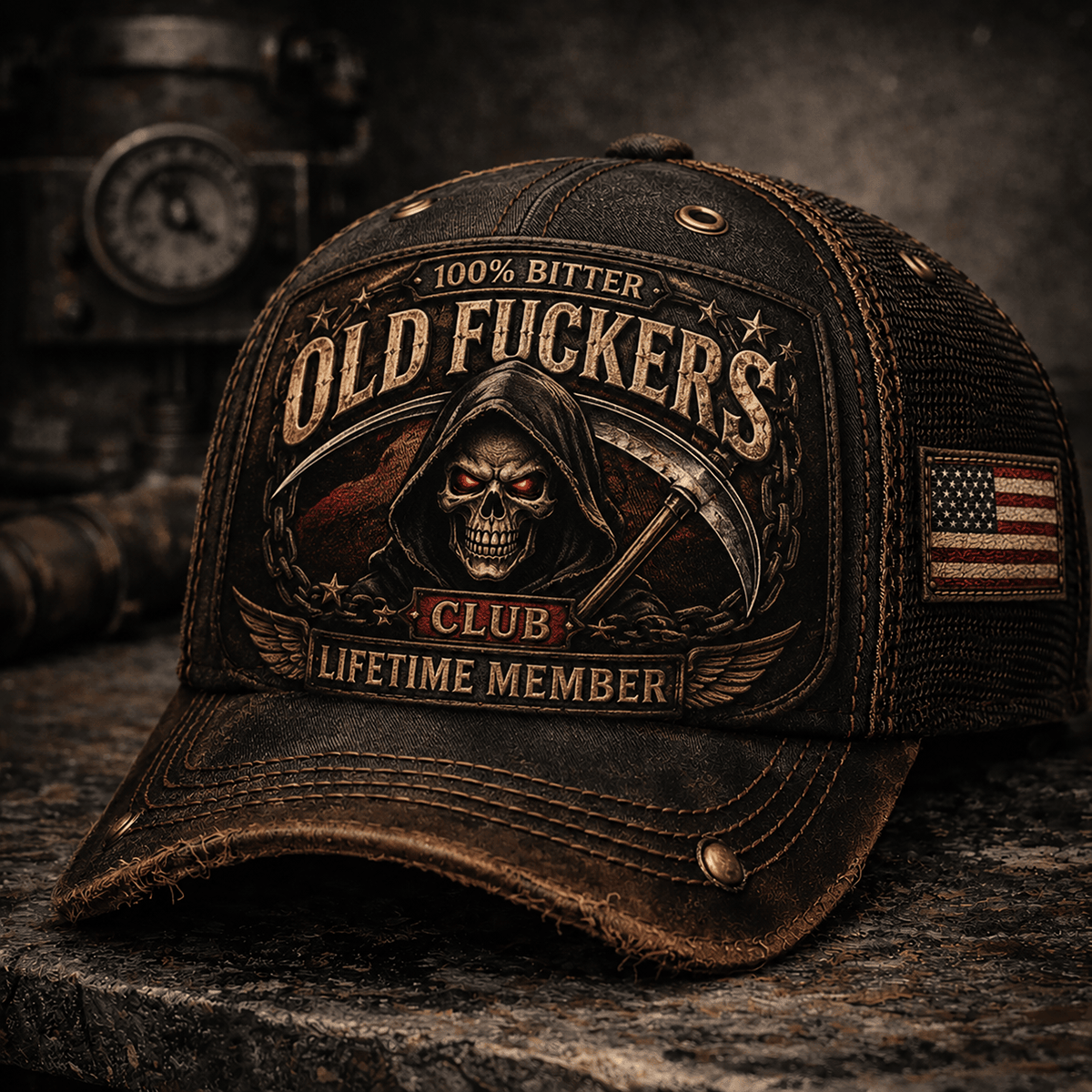 Bitter Old Fuckers Club Lifetime Member Printed Cap Skull Trucker Hat Patriotic Gift for Dad Grandpa Father’s Day USA Veteran