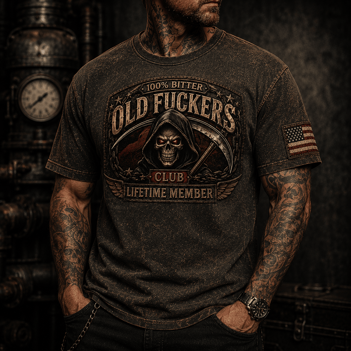 Bitter Old Fuckers Club Lifetime Member Printed T-Shirt Grim Reaper Skull Patriotic Gift for Dad Grandpa Father’s Day USA