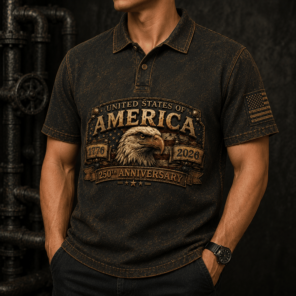 United States Of America 1776 2026 250th Anniversary Printed Polo Shirt Patriotic Eagle USA Flag Gift for Dad Father’s Day Veteran