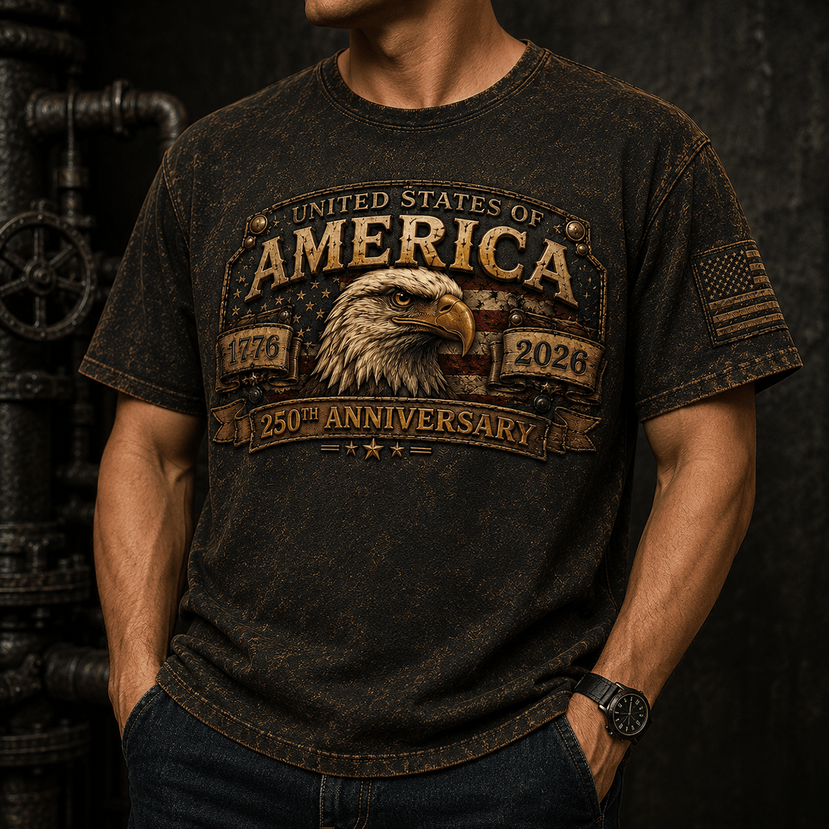United States Of America 1776 2026 250th Anniversary Printed T-Shirt Patriotic Eagle USA Flag Gift for Dad Father’s Day Veteran