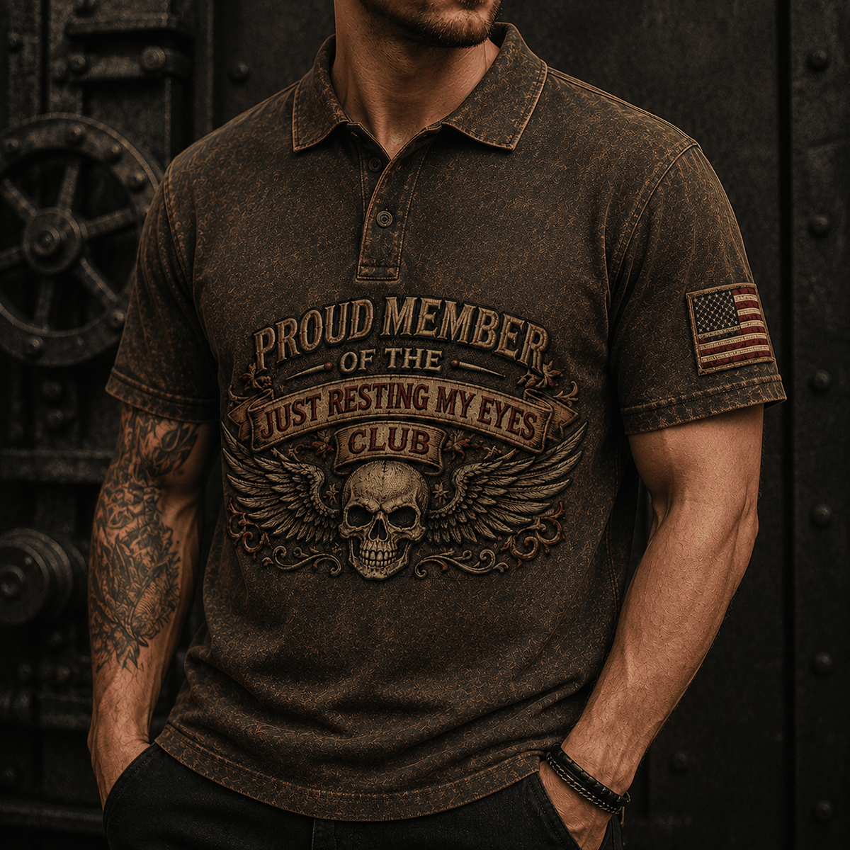 Proud Member Of The Just Resting My Eyes Club Printed Polo Shirt Skull Wing Patriotic USA Flag Gift for Dad Grandpa Father’s Day Veteran