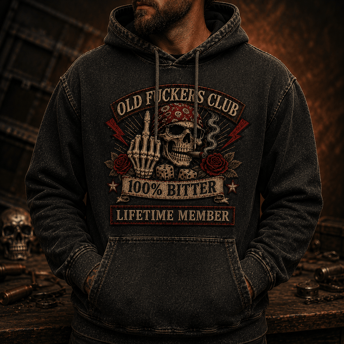 Old Fuckers Club Bitter Lifetime Member Printed Hoodie Skull Biker Patriotic USA Flag Gift for Dad Grandpa Father’s Day Veteran