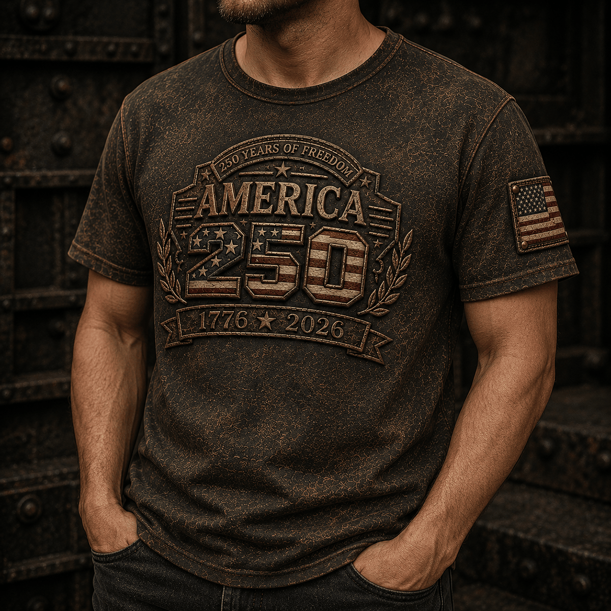 250 Years Of Freedom America 250 1776 2026 Printed T-Shirt Patriotic USA Flag Veteran Gift for Dad Father’s Day Fourth of July