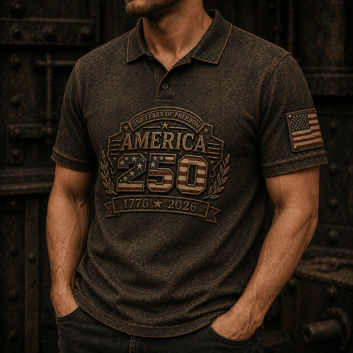250 Years Of Freedom America 250 1776 2026 Printed Polo Shirt Patriotic USA Flag Veteran Gift for Dad Father’s Day Fourth of July