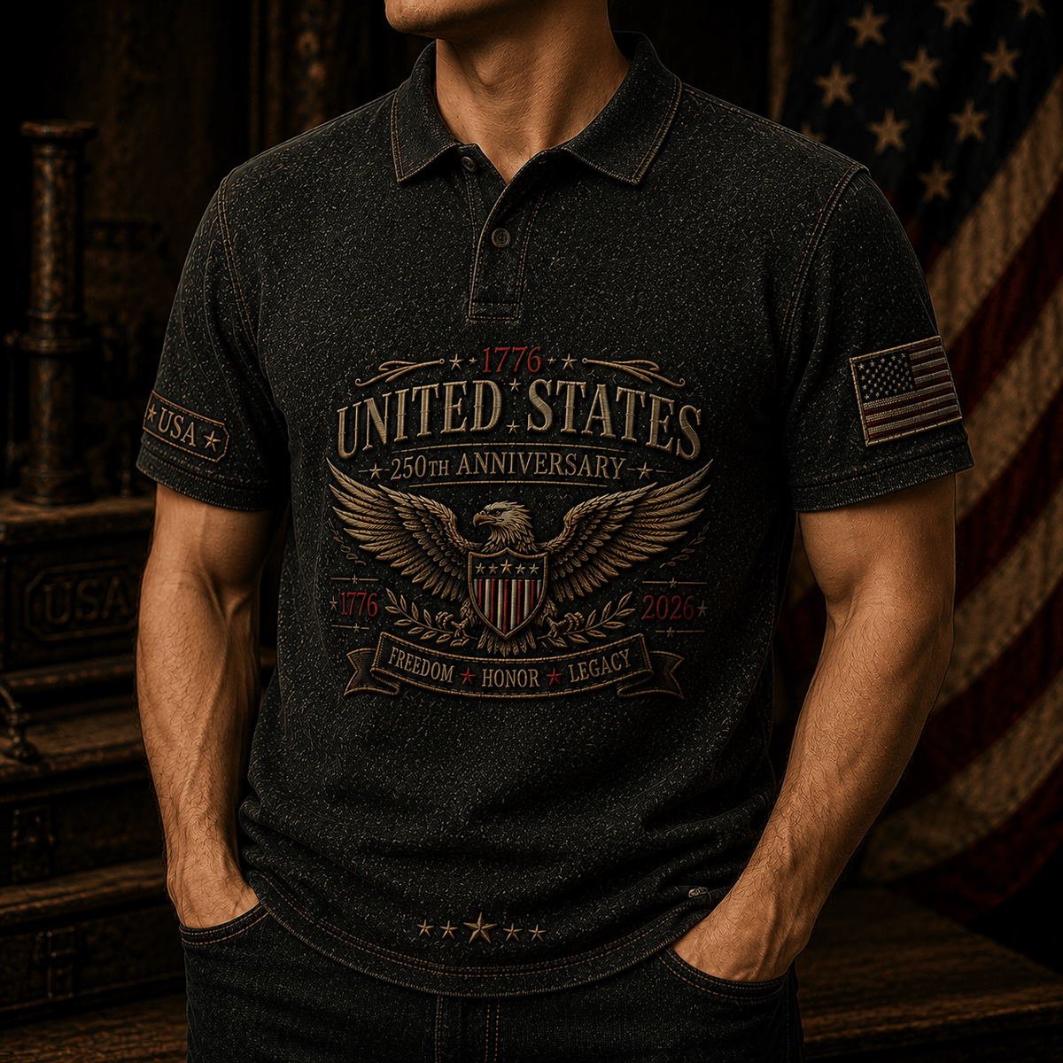 United States 250th Anniversary Freedom Honor Legacy Printed Polo Shirt Patriotic Eagle USA Flag Father’s Day Gift Veteran 1776 2026
