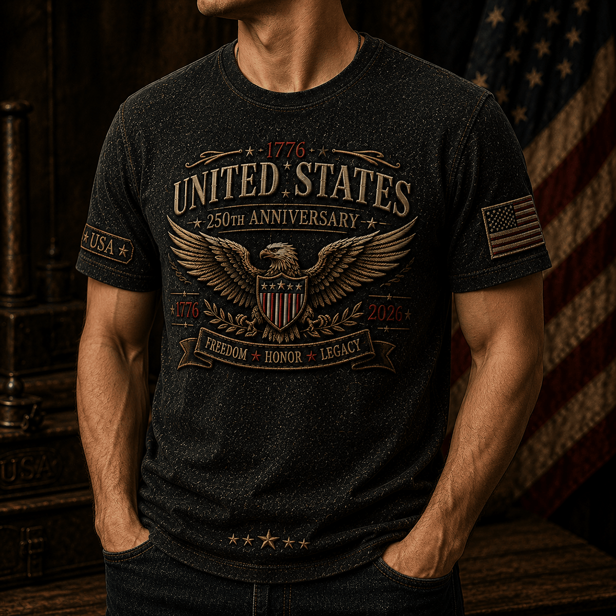 United States 250th Anniversary Freedom Honor Legacy Printed T-Shirt Patriotic Eagle USA Flag Father’s Day Gift Veteran 1776 2026
