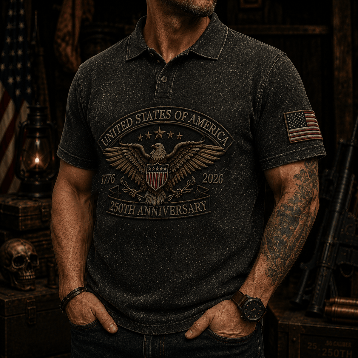 United States Of America 250th Anniversary Veteran Printed Polo Shirt Patriotic Eagle USA Flag Gift for Dad Father’s Day Independence Day 1776 2026