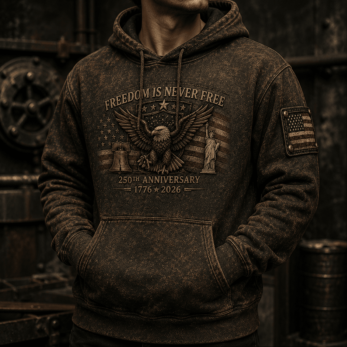 Freedom Is Never Free 250th Anniversary 1776 2026 Printed Hoodie Patriotic Eagle USA Flag Veteran Gift for Dad Father’s Day Independence Day
