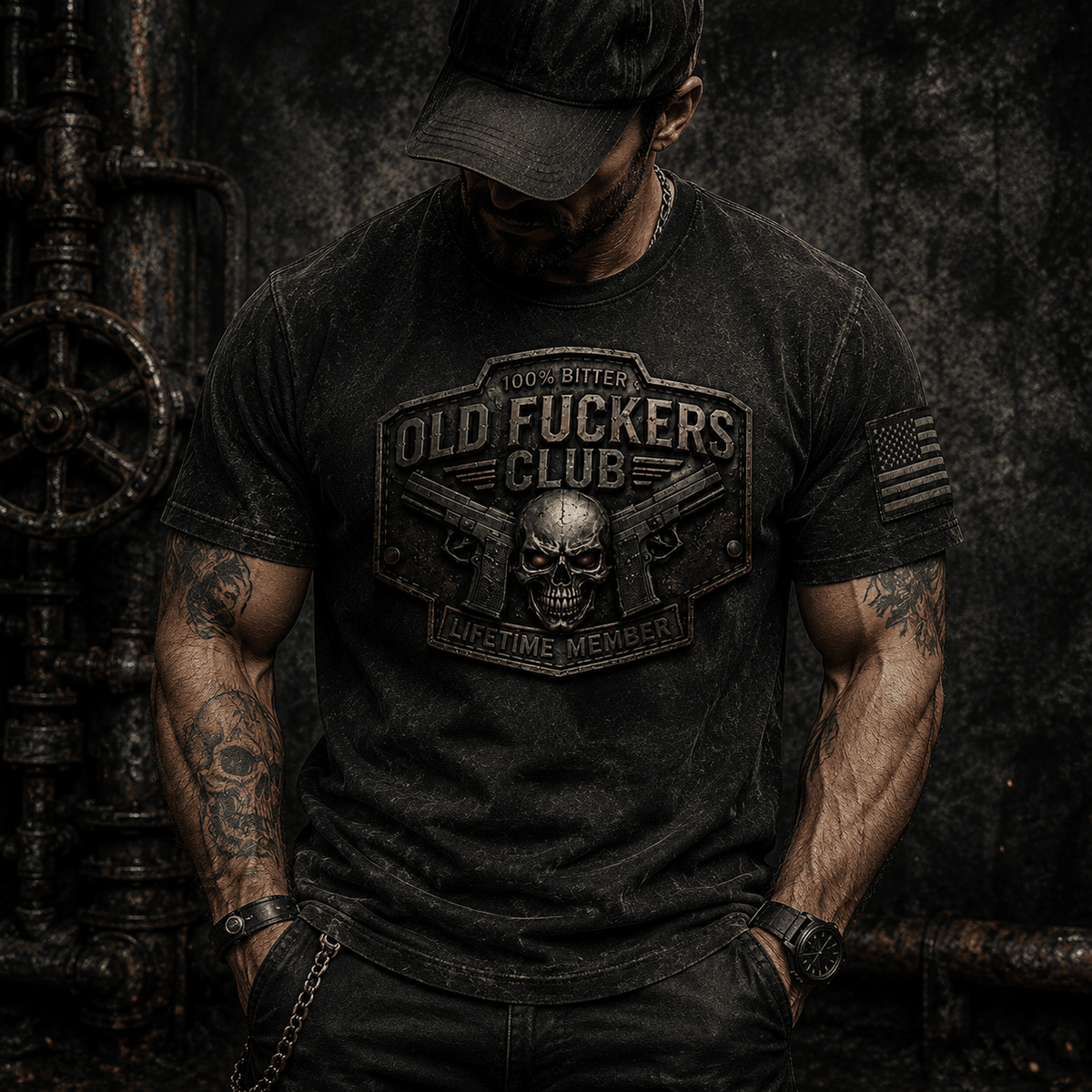 Bitter Old Fuckers Club Lifetime Member Printed T-Shirt Skull Gun Biker Gift for Dad Grandpa Motorcycle Rider Father's Day Gift