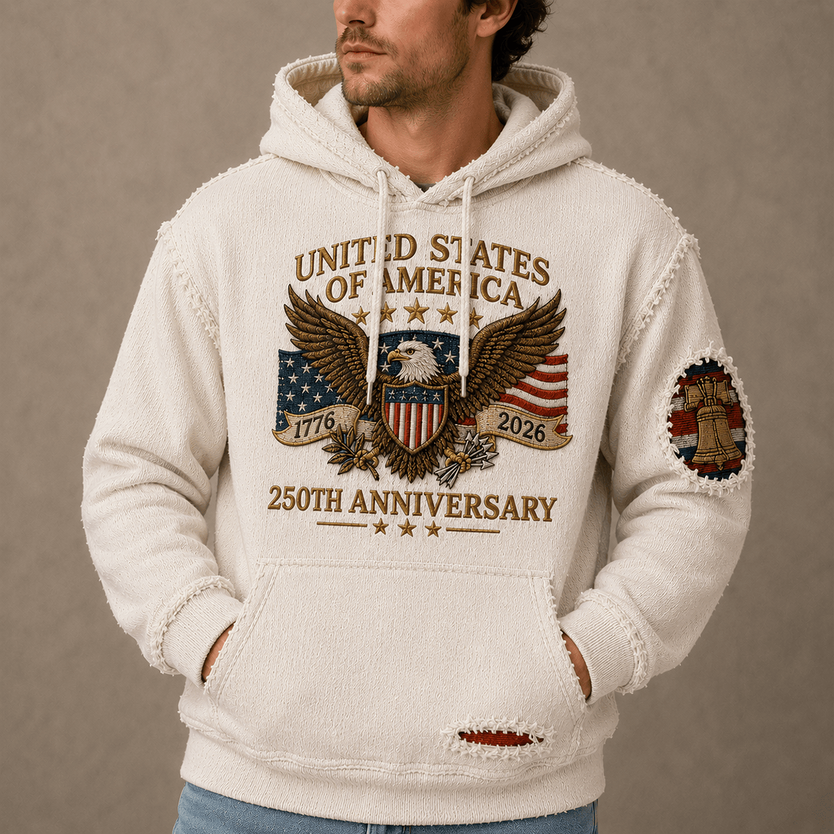 United States Of America 250th Anniversary 1776-2026 Printed Hoodie Patriotic Eagle USA Flag Independence Day Gift for Dad Veteran