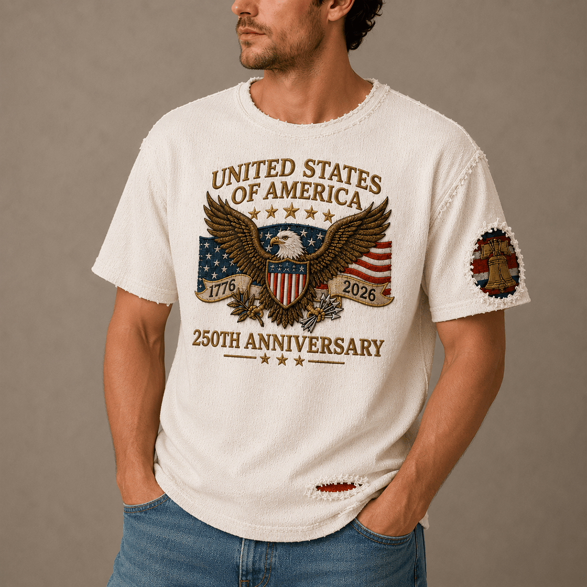 United States Of America 250th Anniversary 1776-2026 Printed T-Shirt Patriotic Eagle USA Flag Independence Day Gift for Dad Veteran