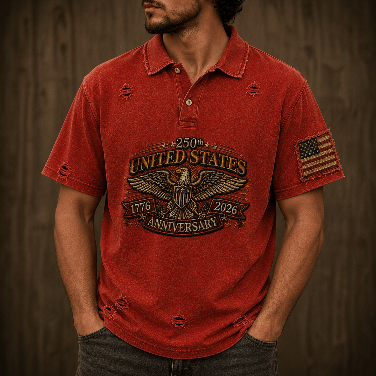 250th United States Anniversary 1776-2026 Printed Polo Shirt Patriotic Eagle USA Flag Independence Day Veteran Gift for Dad Father's Day