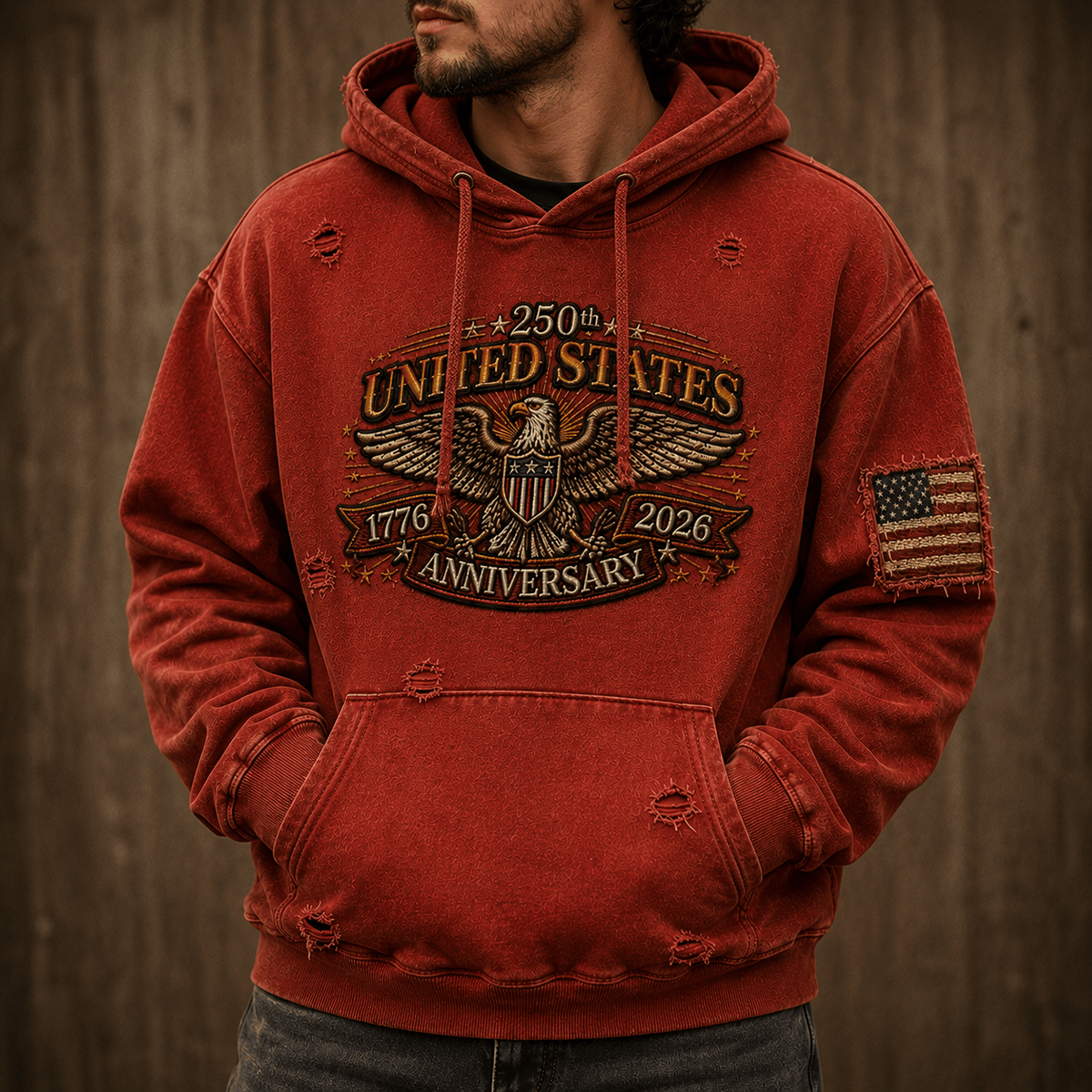 250th United States Anniversary 1776-2026 Printed Hoodie Patriotic Eagle USA Flag Independence Day Veteran Gift for Dad Father's Day