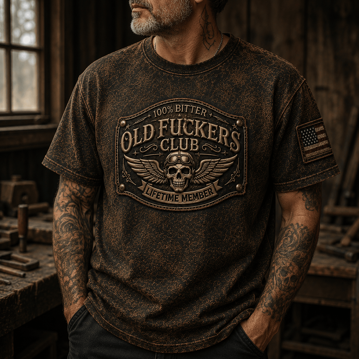 Bitter Old Fuckers Club Lifetime Member Printed T-Shirt Vintage Skull Aviator Patriotic Veteran Gift for Dad Grandpa Father's Day