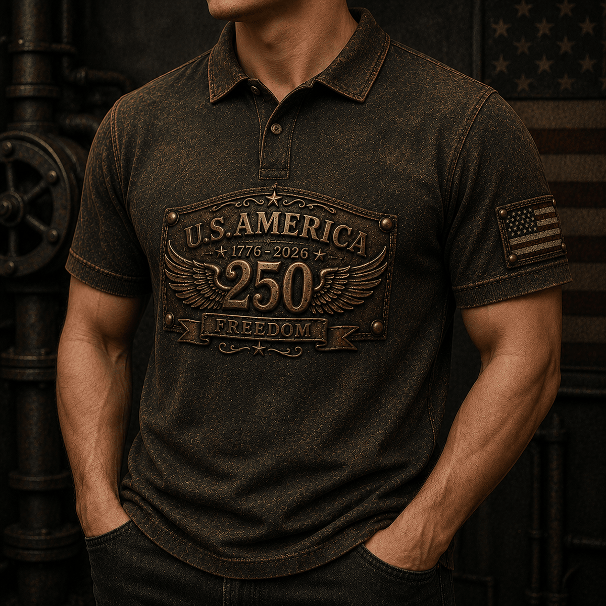 U.S. America 250 Freedom 1776–2026 Printed Polo Shirt Patriotic USA Flag 250th Anniversary Gift for Dad Father's Day