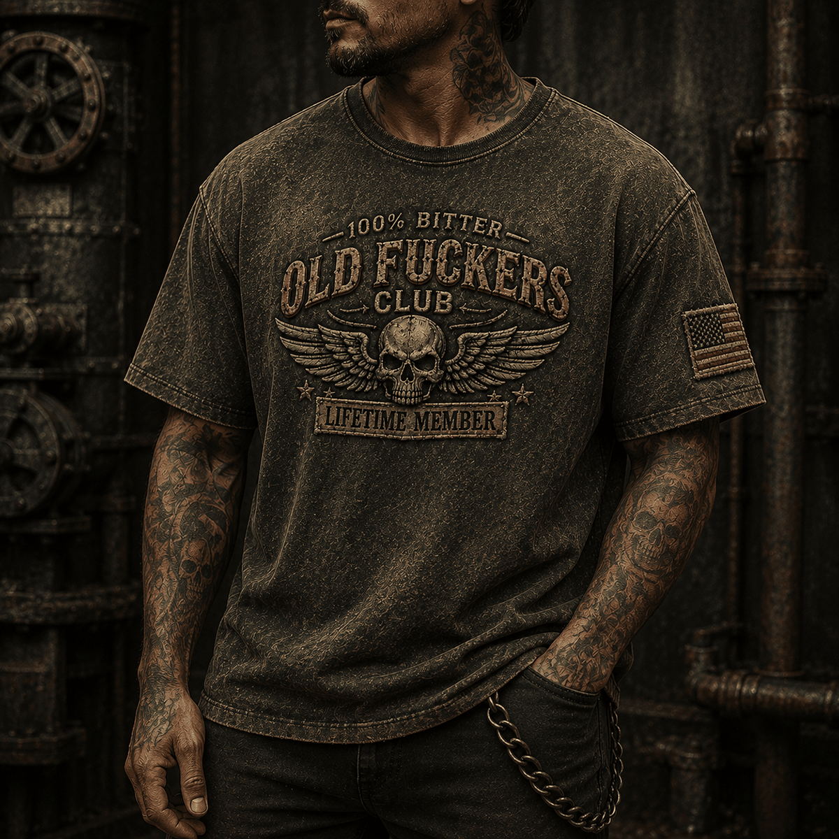Bitter Old Fuckers Club Lifetime Member Printed T-Shirt Funny Biker Skull Shirt Vintage Motorcycle Gift for Dad Grandpa Father's Day