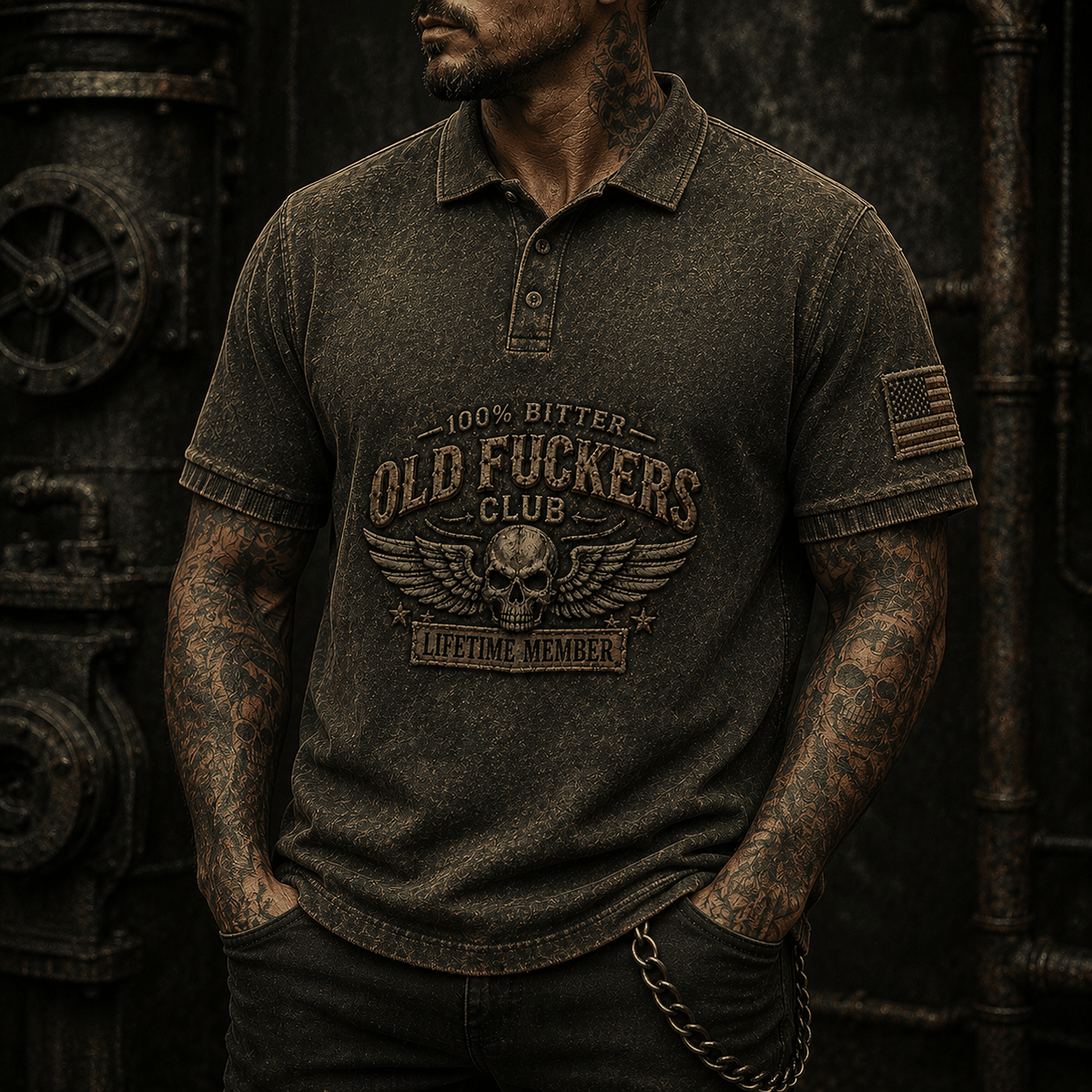 Bitter Old Fuckers Club Lifetime Member Printed Polo Shirt Funny Biker Skull Gift for Dad Grandpa Father's Day Motorcycle
