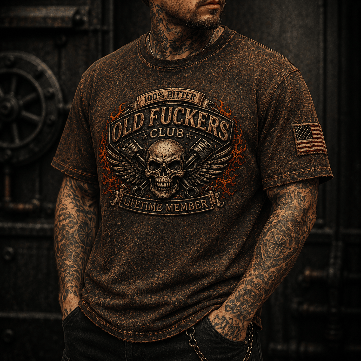 Bitter Old Fuckers Club Lifetime Member Printed T-Shirt Skull Piston Mechanic Shirt Vintage Biker Gift for Dad Father's Day