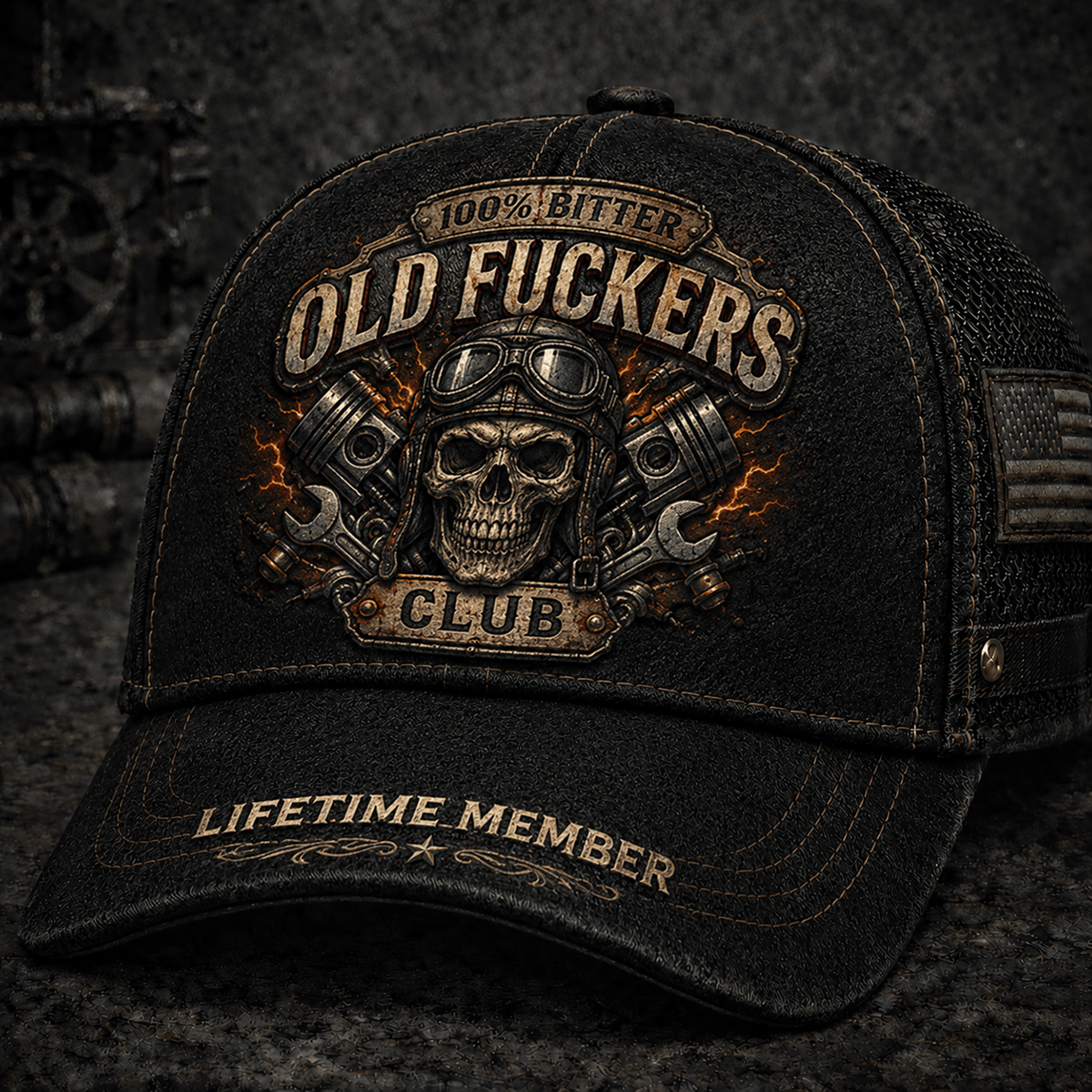 Bitter Old Fuckers Club Lifetime Member Printed Cap Skull Mechanic Hat Vintage Biker Gift for Dad Grandpa Father's Day