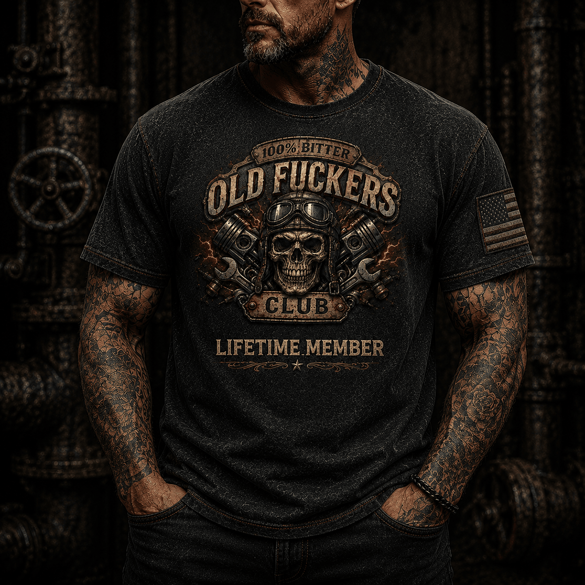 Bitter Old Fuckers Club Lifetime Member Printed T-Shirt Skull Mechanic Shirt Vintage Biker Gift for Dad Grandpa Father's Day