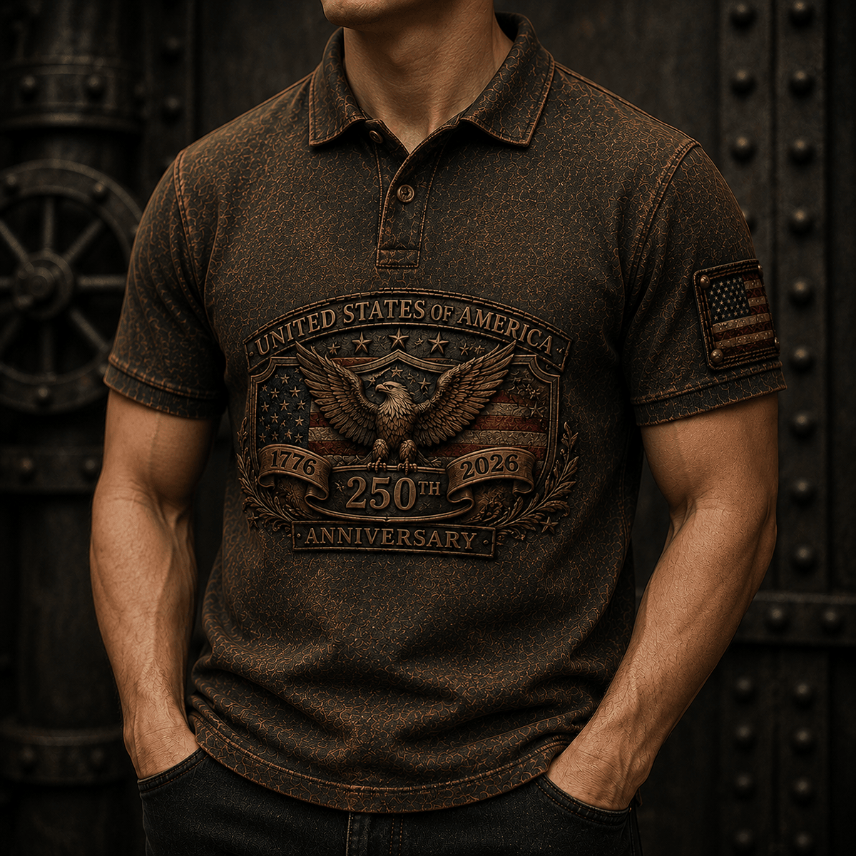 United States of America 250th Anniversary 1776-2026 Printed Polo Shirt Patriotic Eagle USA Flag Veteran Gift for Dad Father's Day