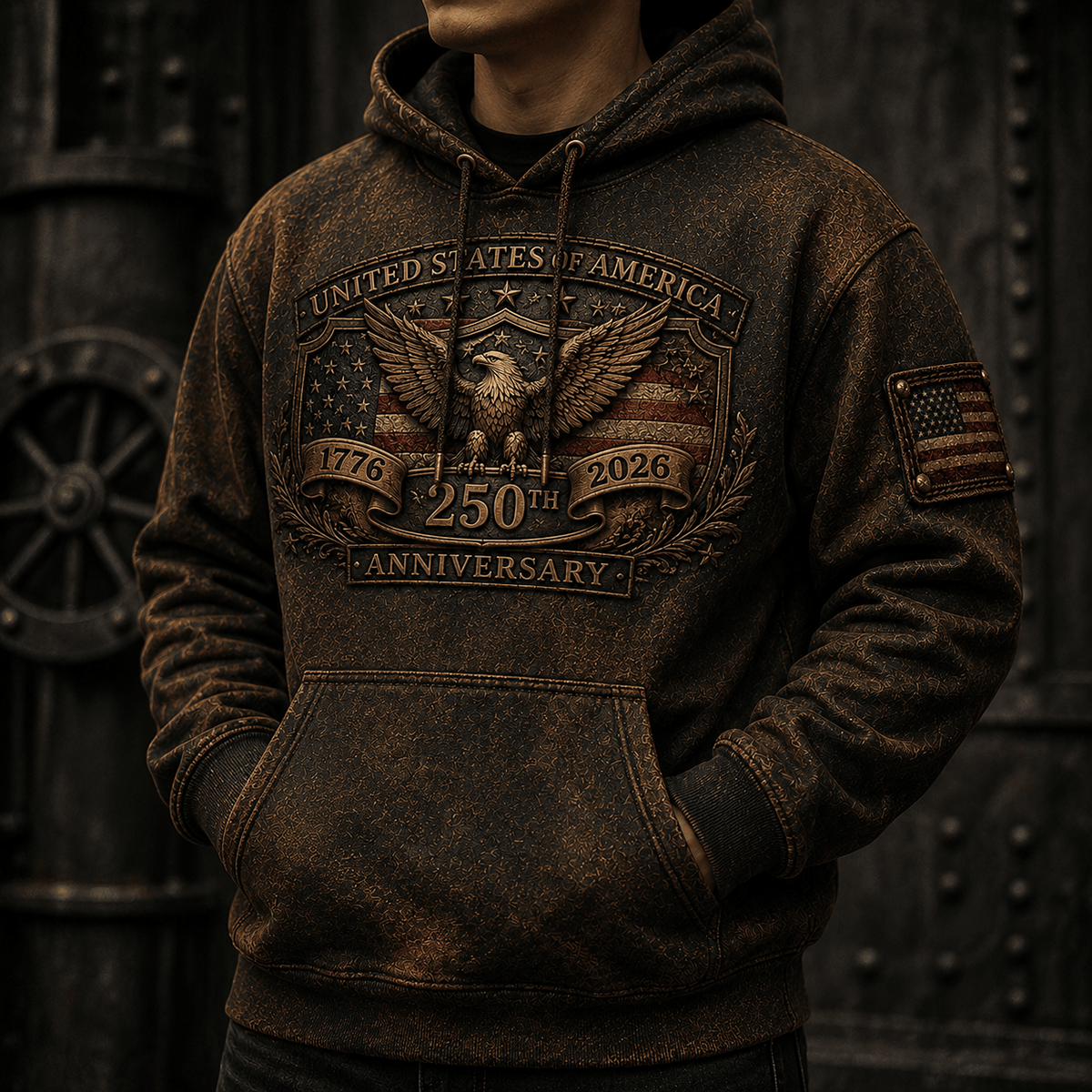 United States of America 250th Anniversary 1776-2026 Printed Hoodie Patriotic Eagle USA Flag Veteran Gift for Dad Father's Day