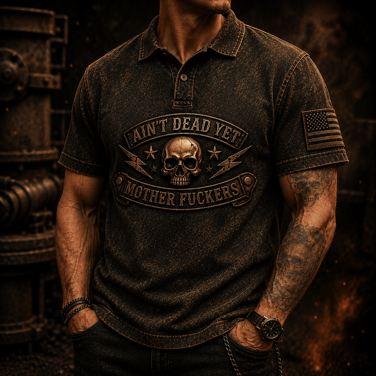 Ain't Dead Yet Mother Fuckers Printed Polo Shirt Skull Patriotic USA Flag Biker Grandpa Gift for Dad Father's Day Vintage Style