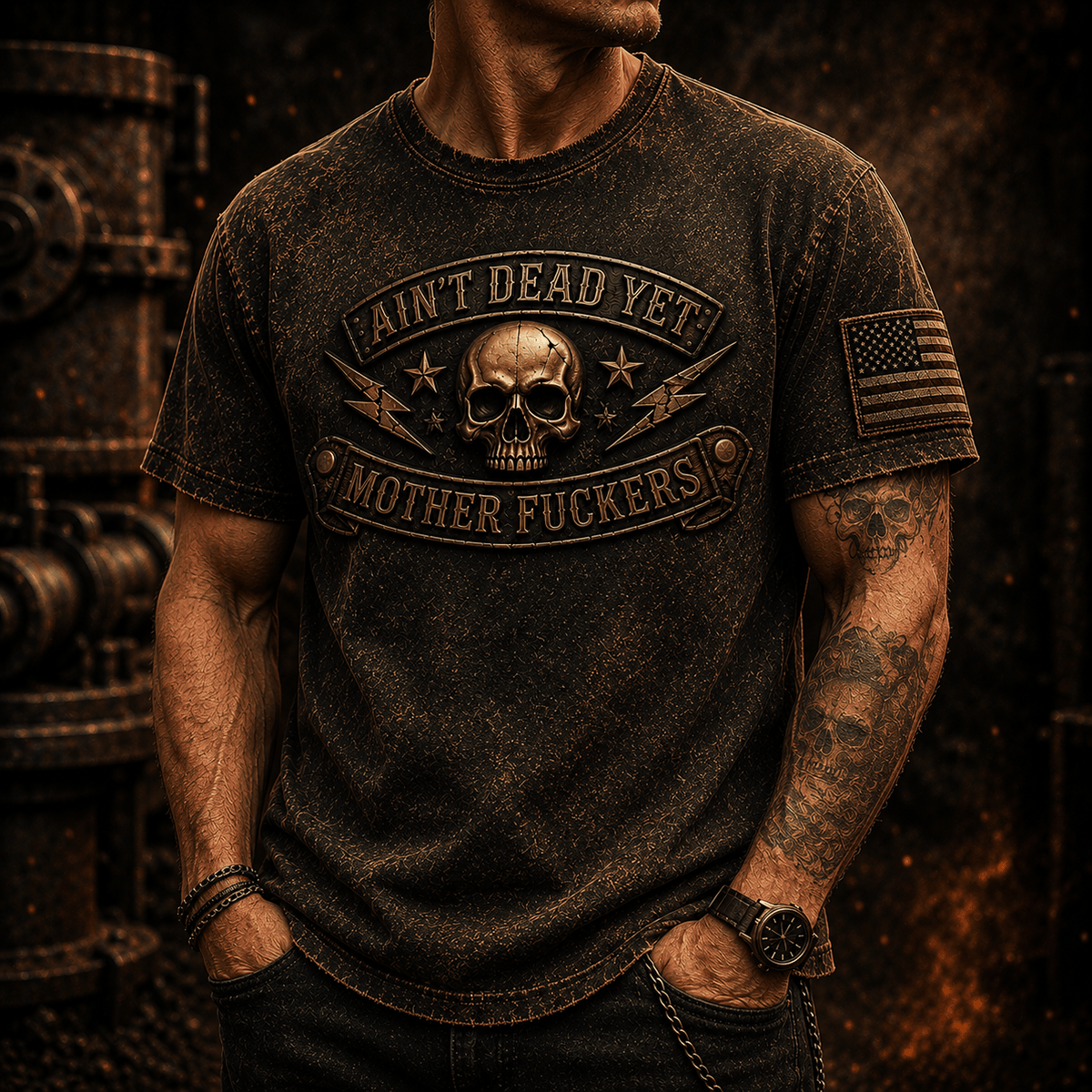 Ain't Dead Yet Mother Fuckers Printed T-Shirt Skull Patriotic USA Flag Biker Grandpa Gift for Dad Father's Day Vintage Style