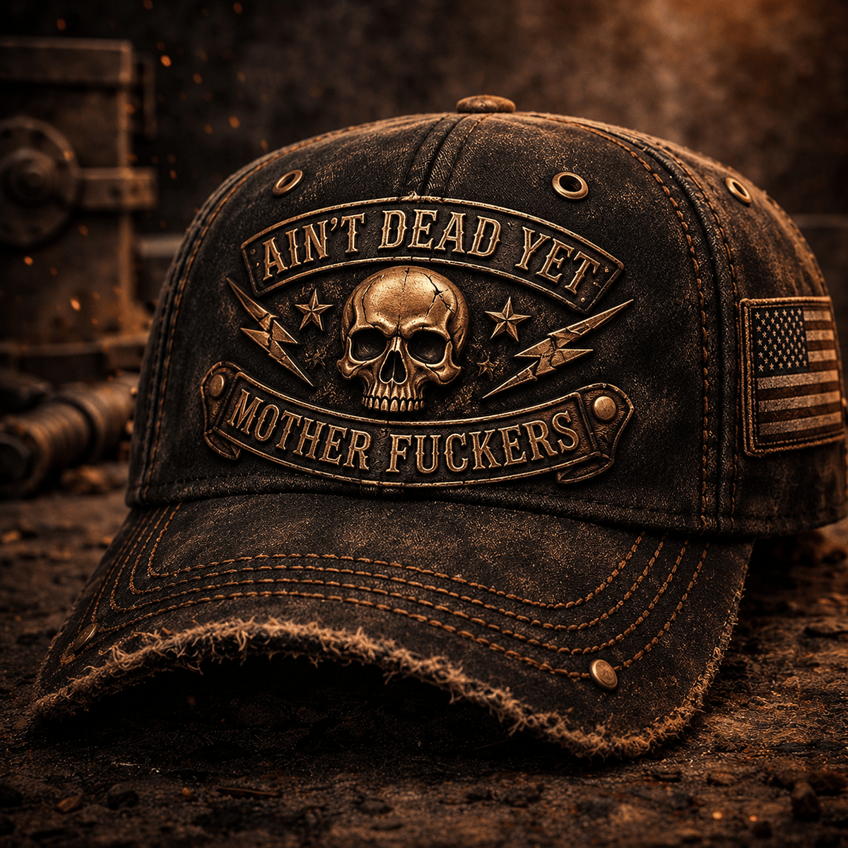 Ain't Dead Yet Mother Fuckers Printed Cap Skull Patriotic USA Flag Hat Biker Grandpa Gift for Dad Father's Day Vintage Style