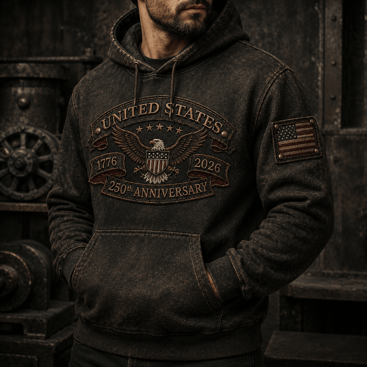 United States 1776 2026 250th Anniversary Printed Hoodie Patriotic Eagle USA Flag Veteran Gift for Dad Father’s Day Independence Day