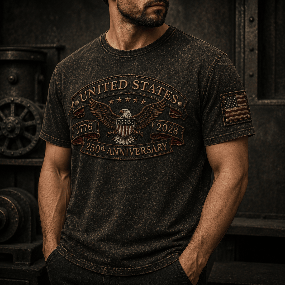 United States 1776 2026 250th Anniversary Printed T-Shirt Patriotic Eagle USA Flag Veteran Gift for Dad Father’s Day Independence Day